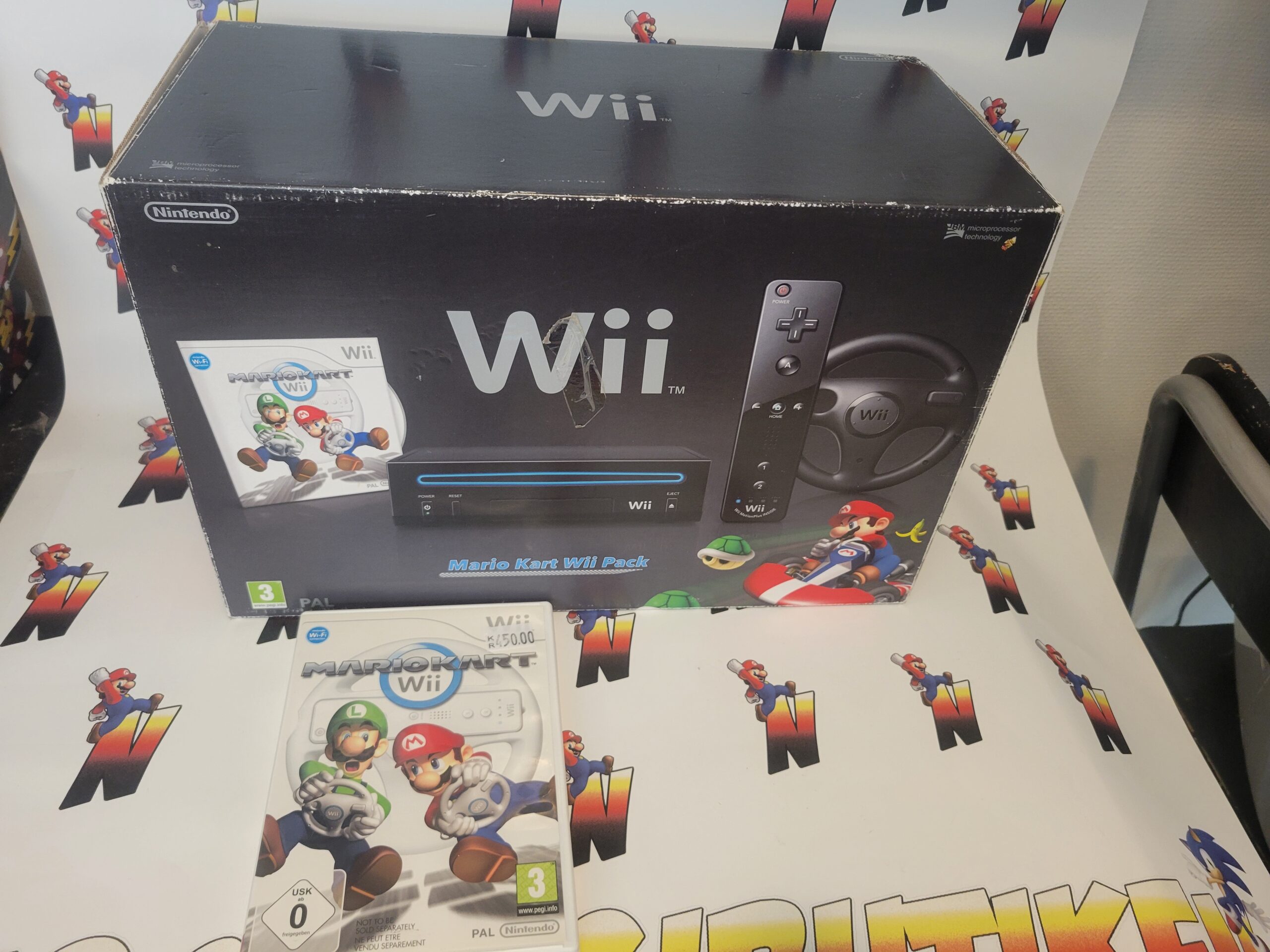 WII Enhet Svart med Mario Kart och ratt Komplett i kartong (Beg)
